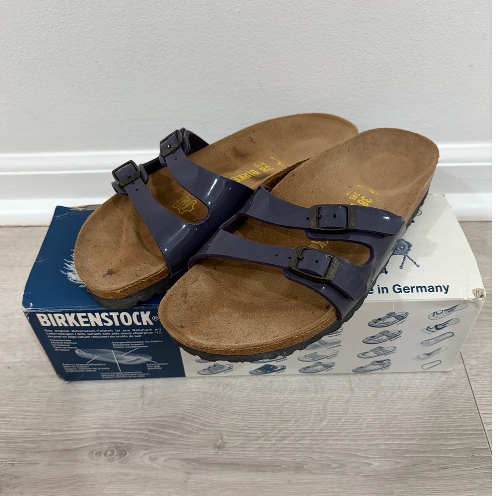 Birkenstock Ibiza Patent Blue Violet Slide Sandals Womens 38 L7 M5 Comfort